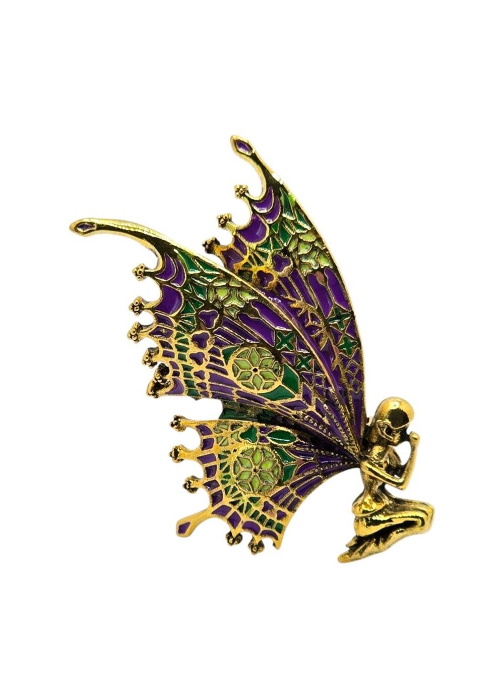 Enamel Fairy Brooch Pin Purple Green Gold Tone Fantasy Winged Figural Costume